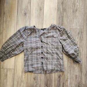 Madewell Gray Plaid Puff Sleeve Button Down 100% Cotton Blouse